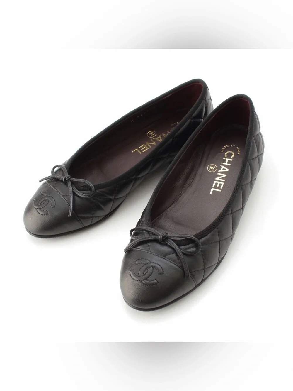 CHANEL Aged Calfskin Quilted CC Cap Toe Ballerina Flats / Size EU35